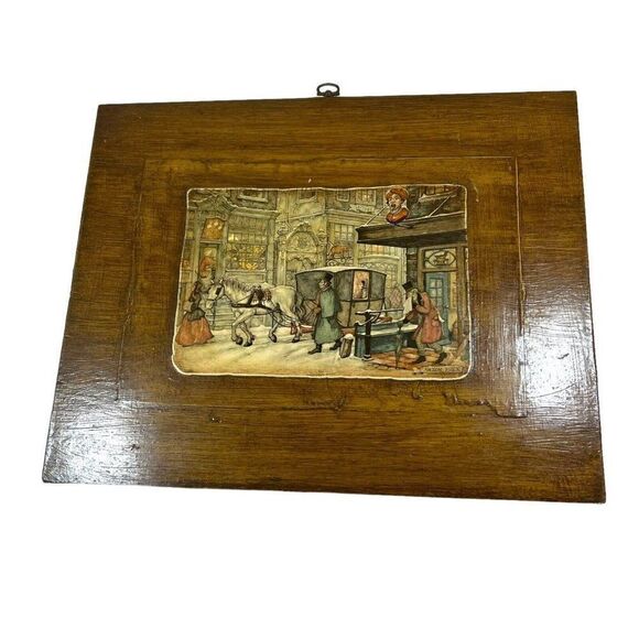 Anton Pieck Print Wooden Plaque Horse Drawn Carriage Market Shop Scene Antique - Picture 1 of 5